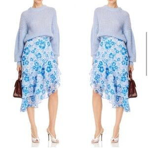 All Things Mochi Blue Ruffled Asymmetrical Floral Midi Layered Skirt Size XL